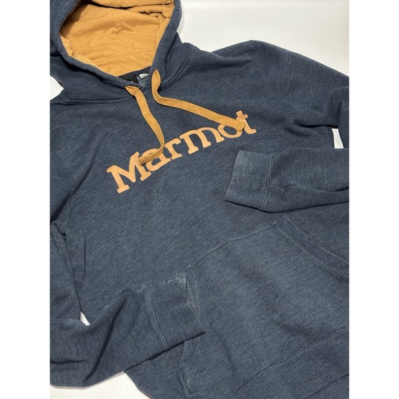 Marmot Mens Large Fleece Lined Pullover Logo on Front Blue Hoodie Sweatshirt - Picture 5 of 10